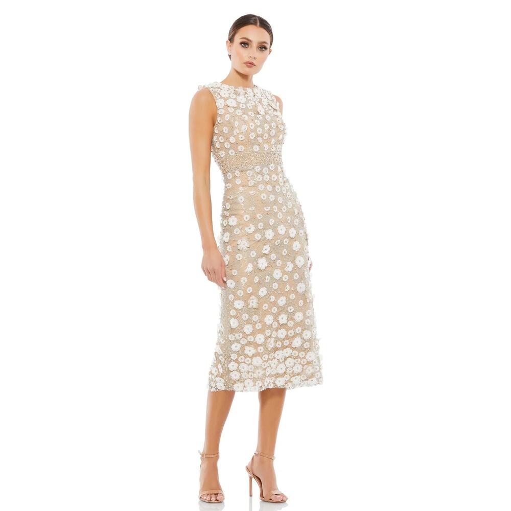 Mac Duggal Cream and White Floral Midi Dress